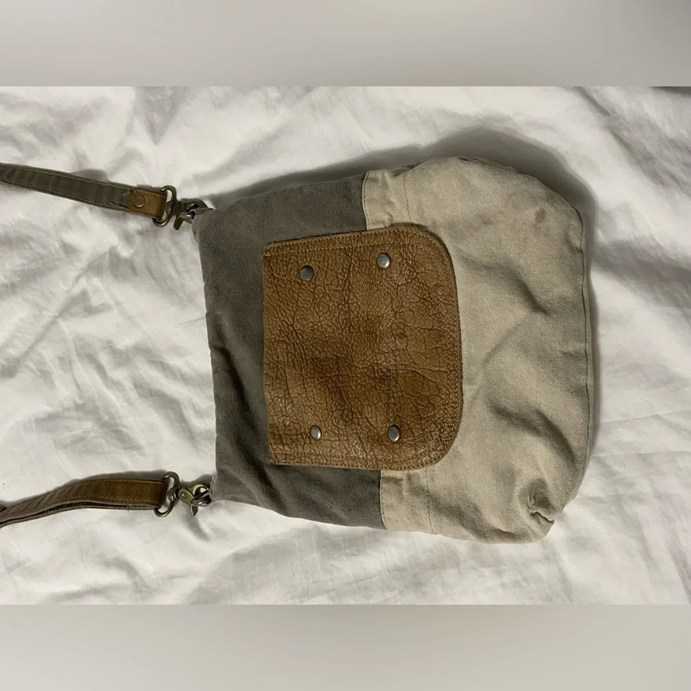 Gray Canvas and Leather Crossbody Bag with Tan Trim